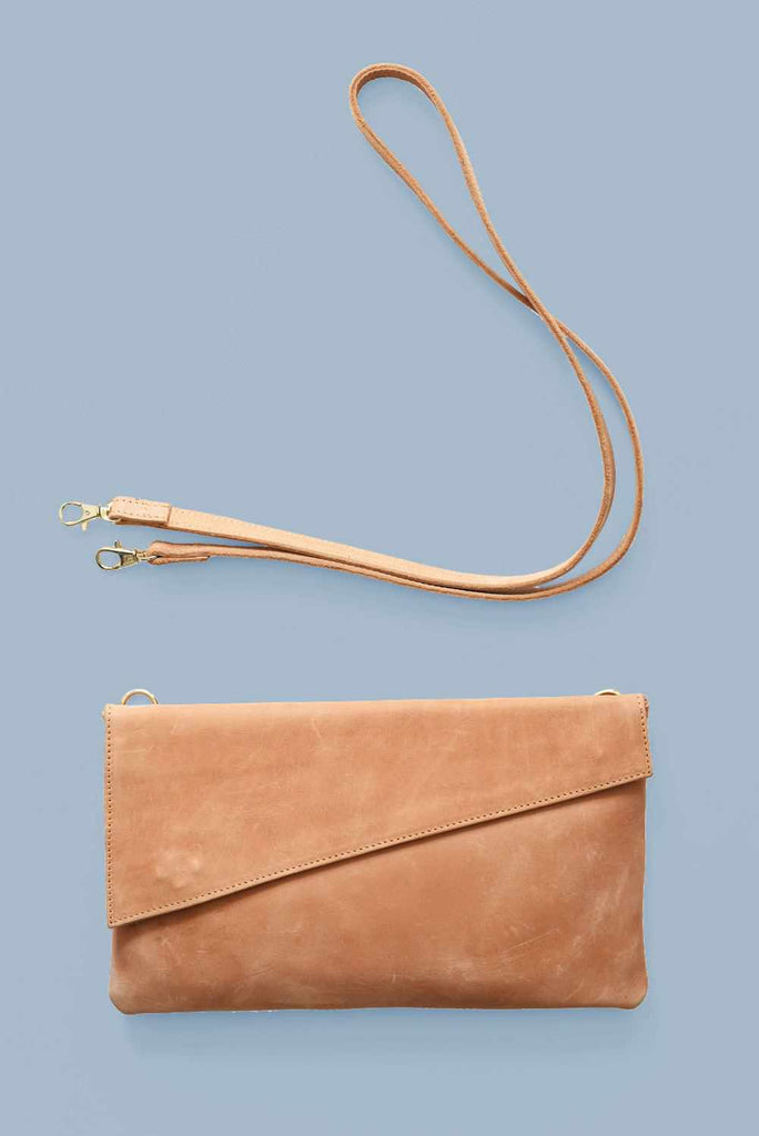 Camel leather clutch with removable strap