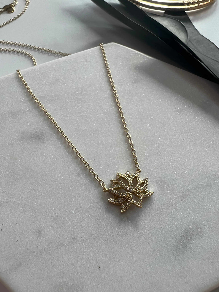 Close up of 14k gold plated sterling Blooming Lotus Diamond Necklace