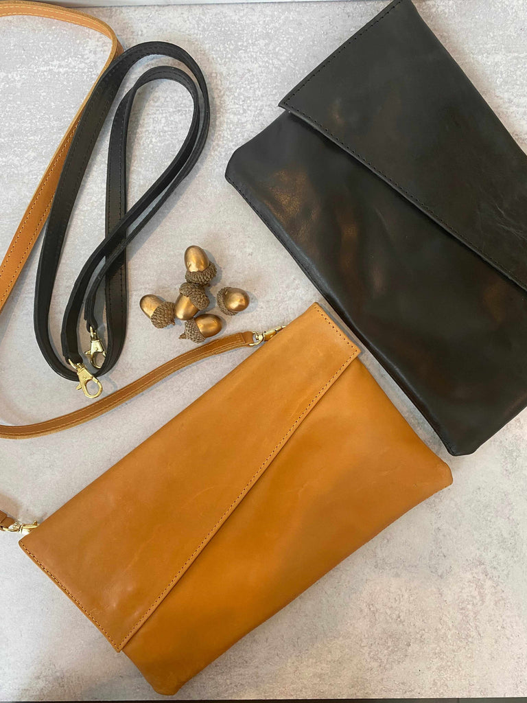 Black and camel crossbody bags with removable straps