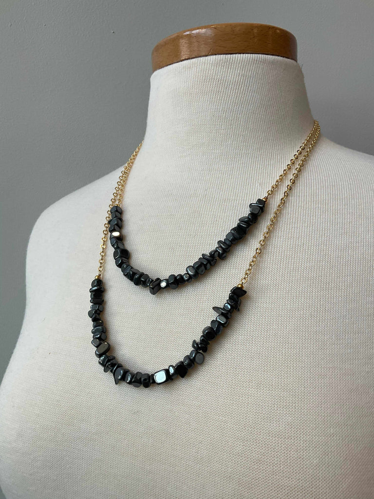 20" and 24" Shungite Gemstone Necklaces on Gold Plated Chains on Mannequin