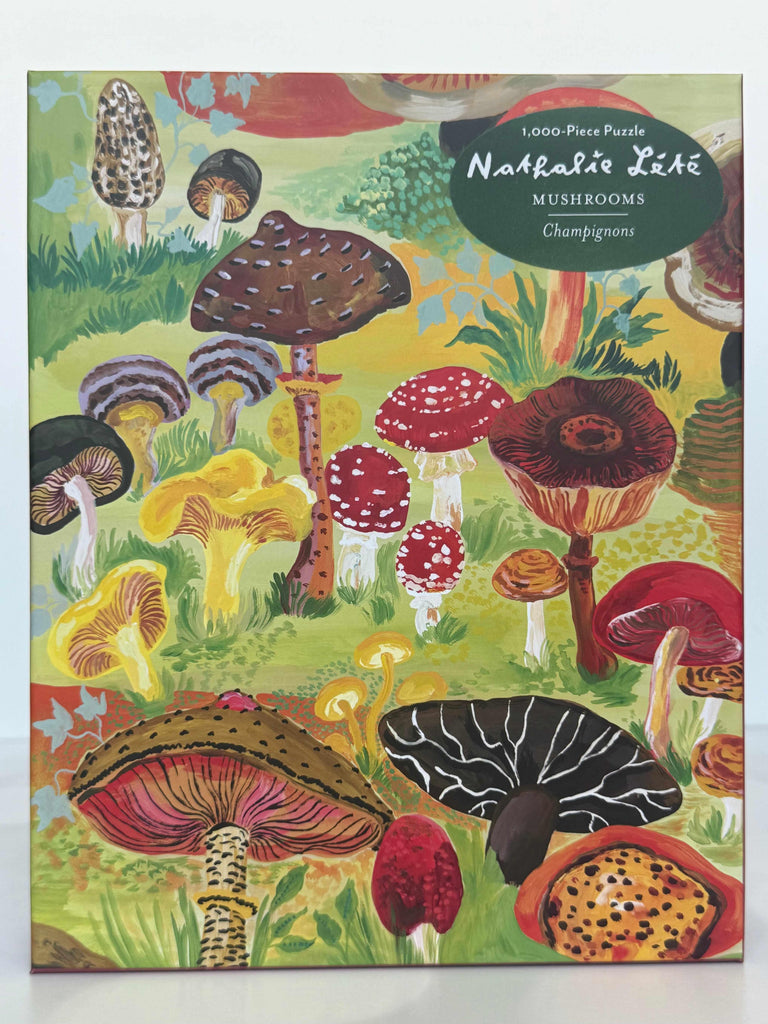 Jigsaw puzzle box with colorful mushroom illustration on a white background