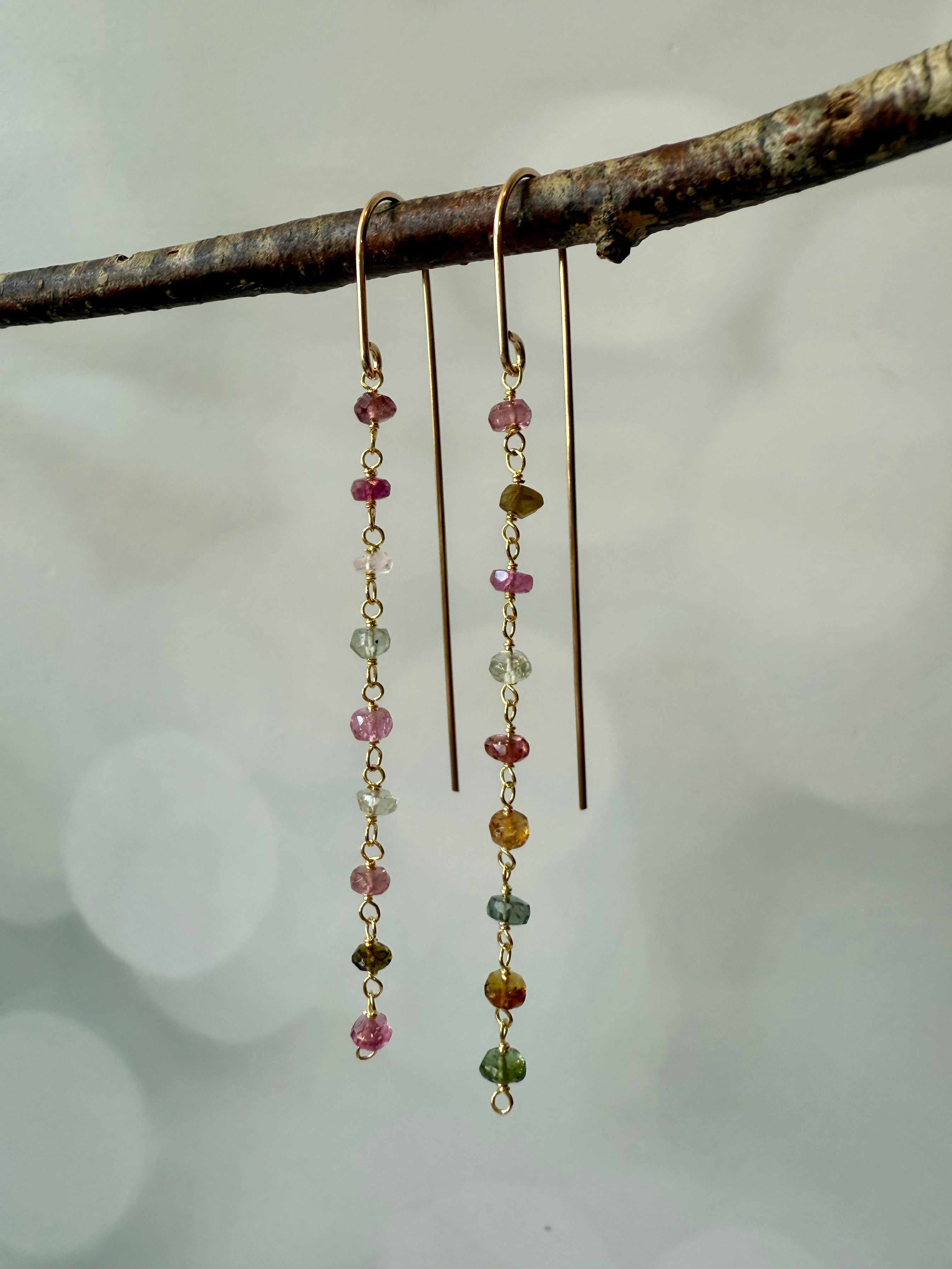 Multiple Chain Dangle Earrings with Multicolor Bead Drops Multiple Chain Dangle Earrings with Multicolor Bead Drops