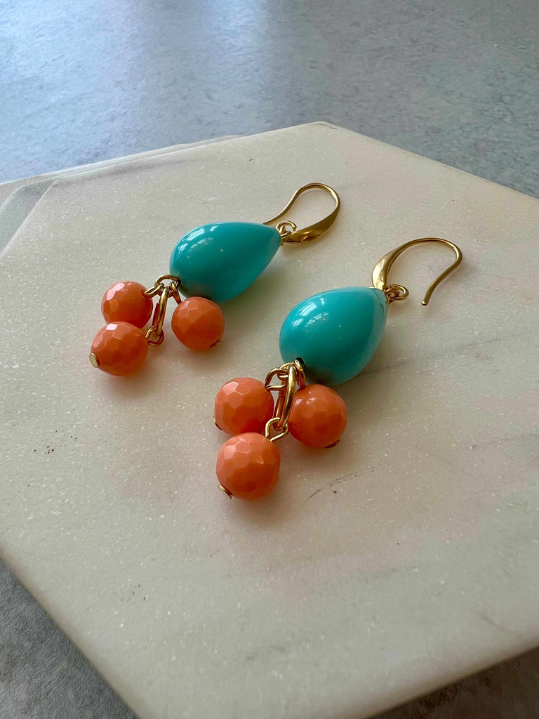 Turquoise and Salmon Glass Earrings