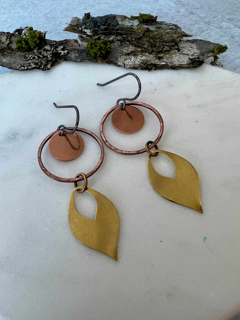 Copper Circles with Brass Teardrop Dangles
