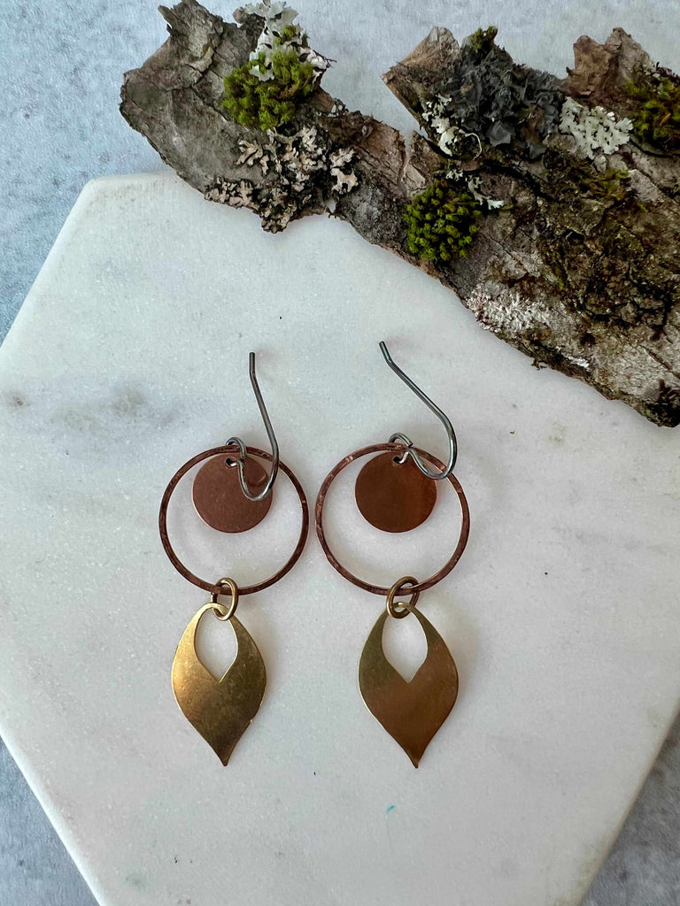 Copper Circles with Brass Teardrop Dangles
