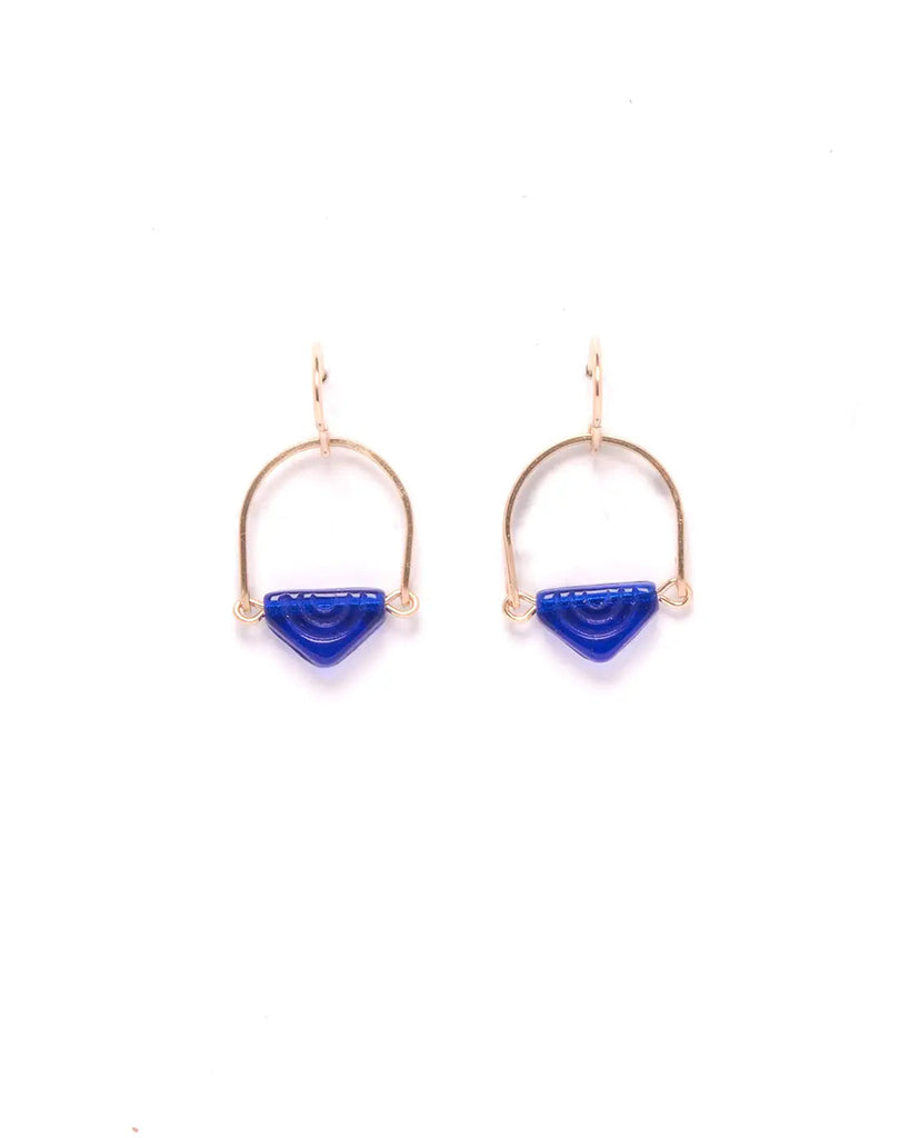 Gold hoop earrings with blue semi-circular charms on a white background