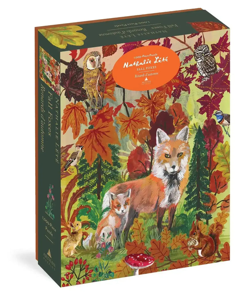Jigsaw puzzle box with fox and autumn leaves design on a white background