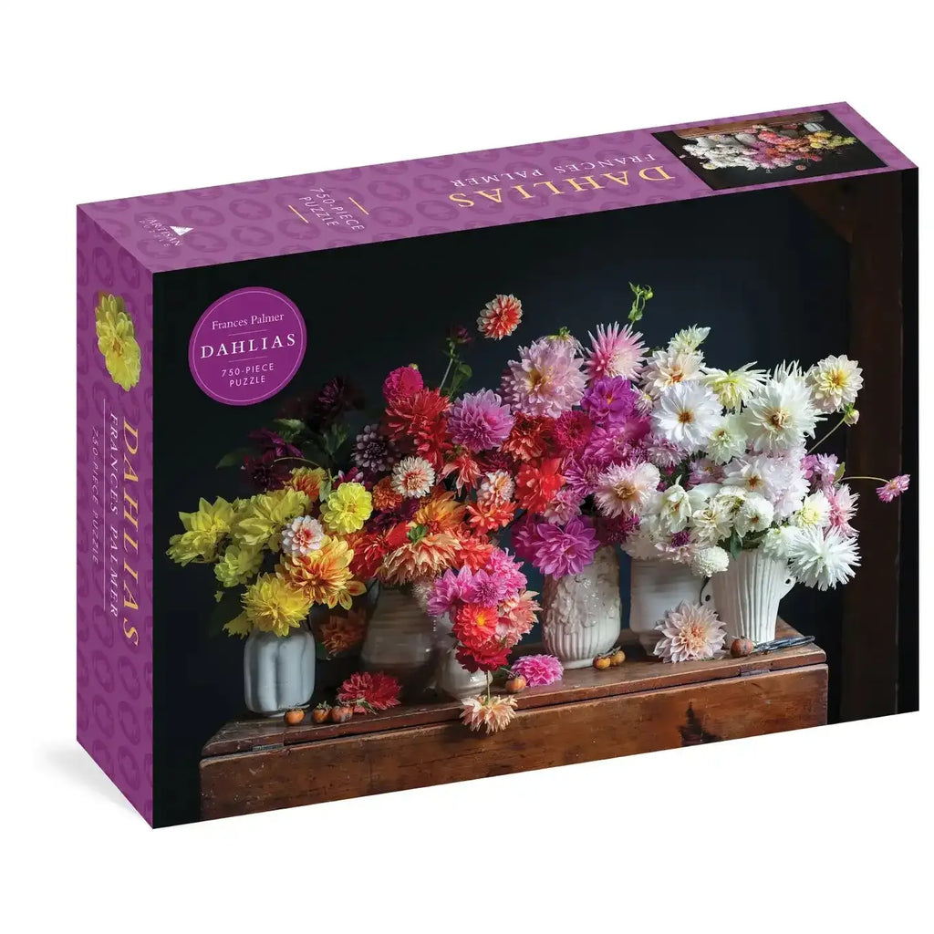 Dahlia jigsaw puzzle box with colorful flowers and a purple border