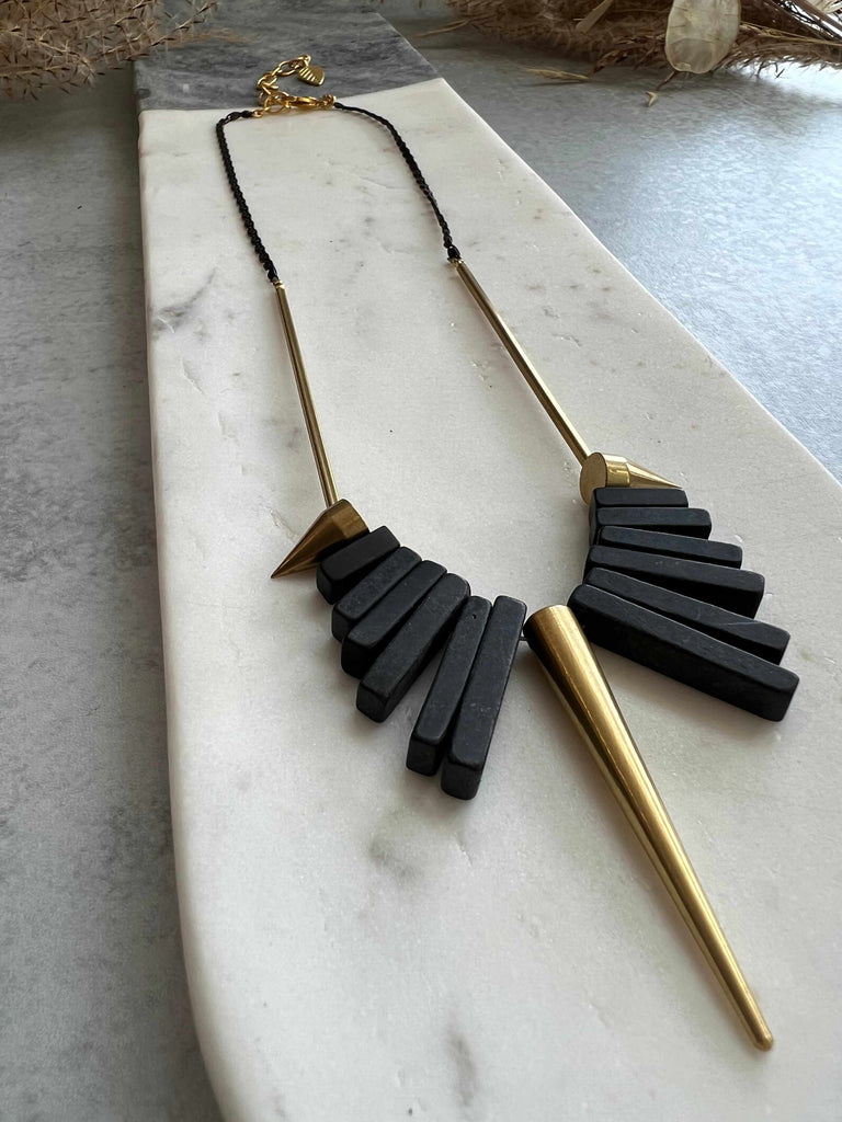 18 inch Geometric Black Agate and Brass Spike Necklace