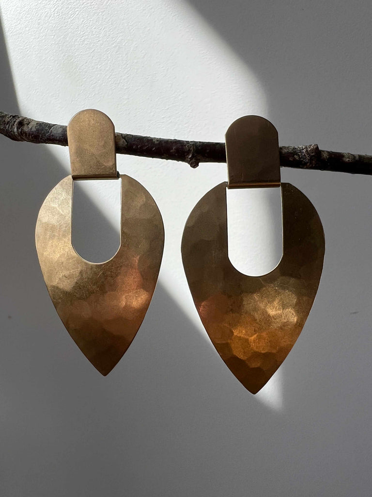 Geometric Hammered Brass Post Statement Earrings