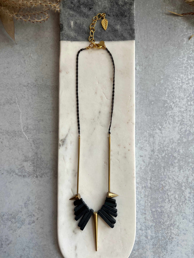 Handmade Geometric Black Agate and Brass Spike Necklace