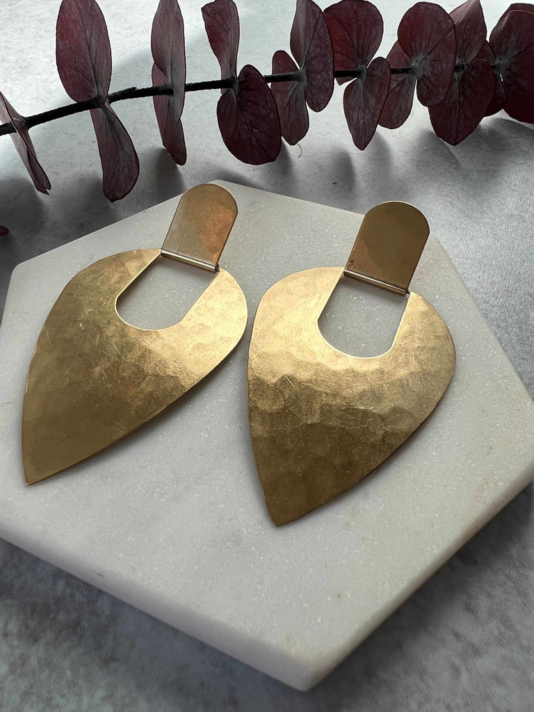 Geometric Hammered Brass Post Dangle Earrings