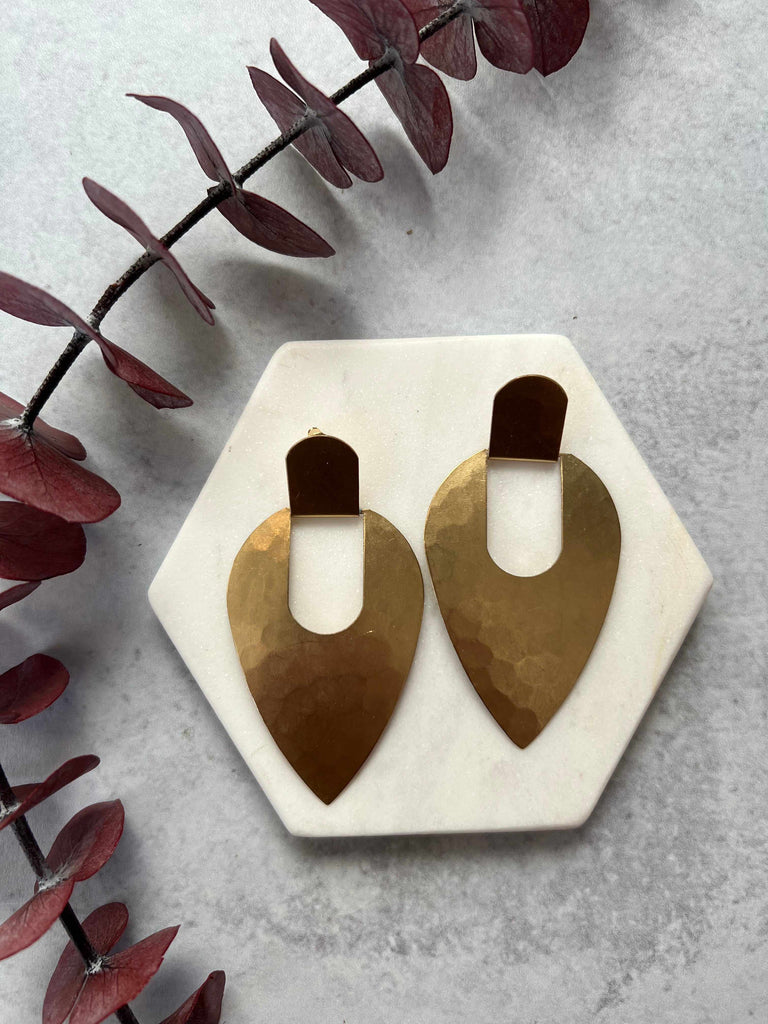 Geometric Hammered Brass Post Earrings