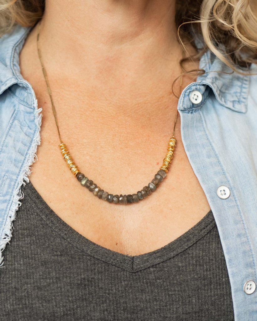 Tide Necklace with Gemstones and Gold Plated Spacers on Model