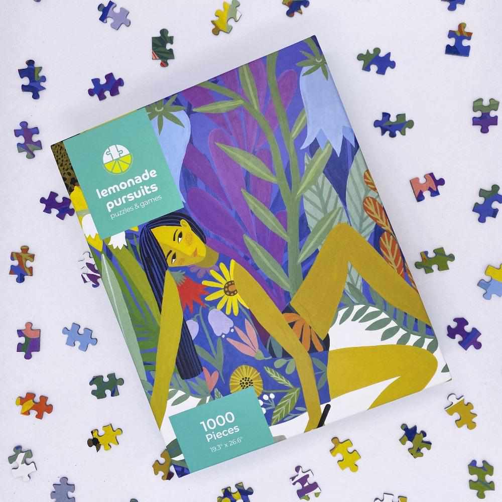 Dream Garden 1000 piece puzzle gift by Lemonade Pursuits in box with pieces