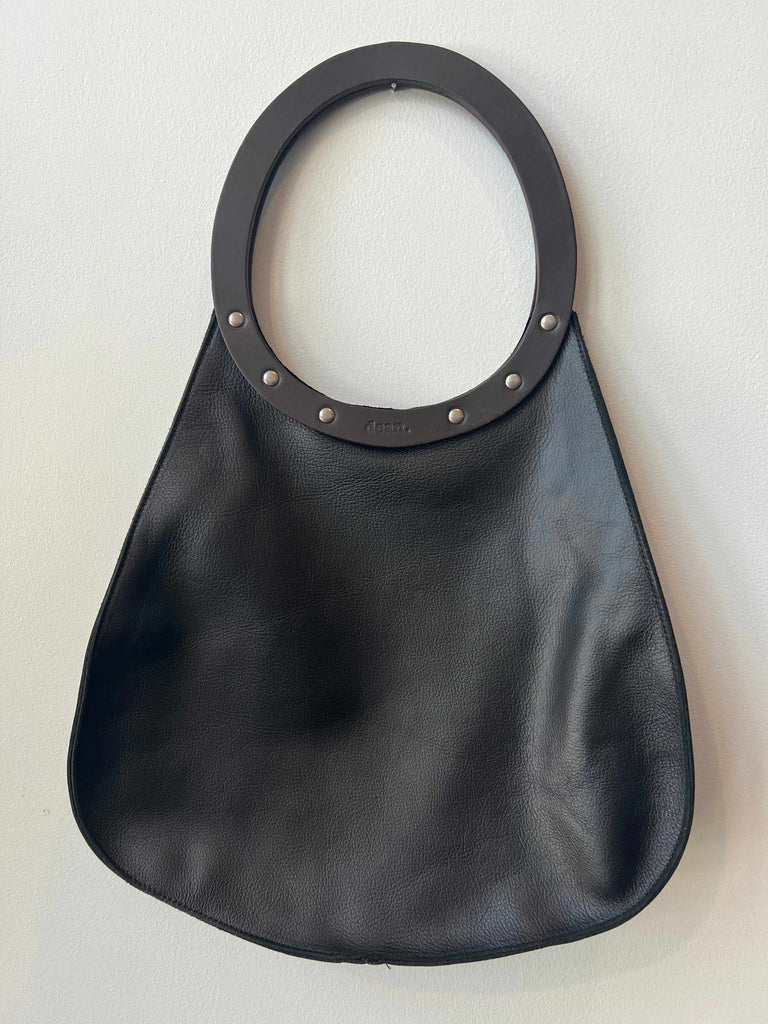 Black and brown teardrop handbag with latigo leather handle