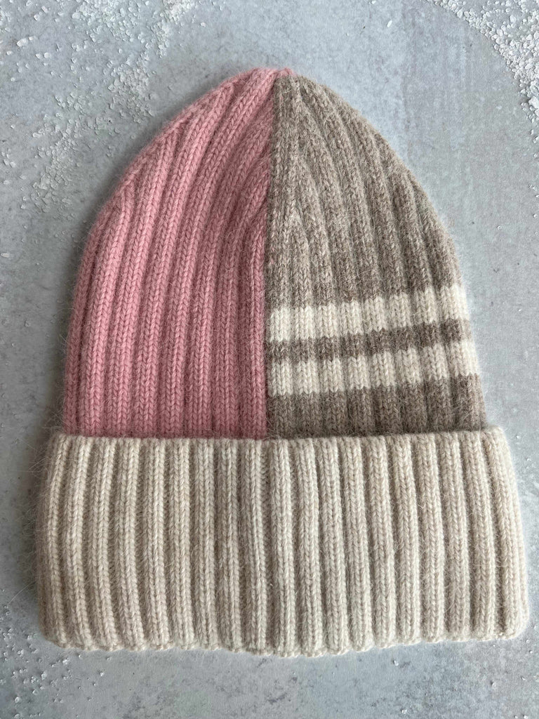 Colorblock soft winter beanie hat in pink and cream