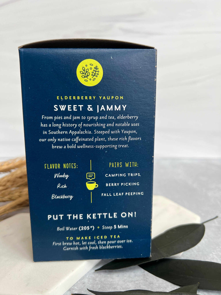 Description of Asheville Tea Company yaupon tea elderberry yaupon
