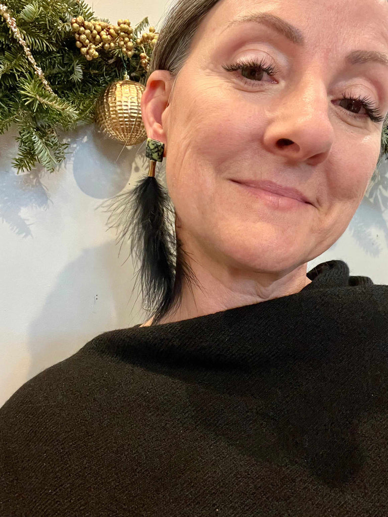 Woman wearing Jasper and Black Feather Post Earrings