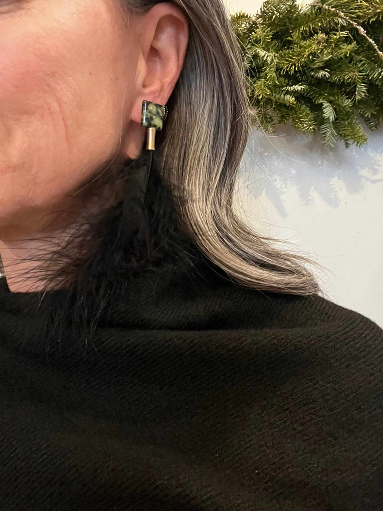 Jasper and Black Feather Post Earrings on Model