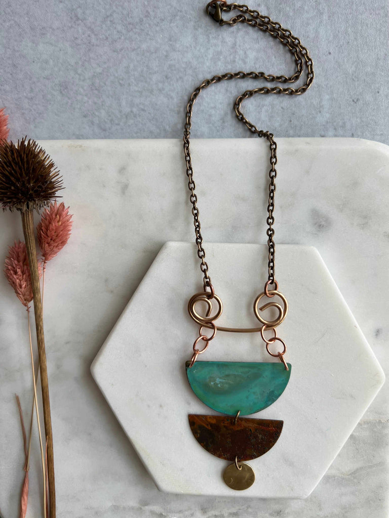 Little Elements statement Necklace in copper and brass with blue patina
