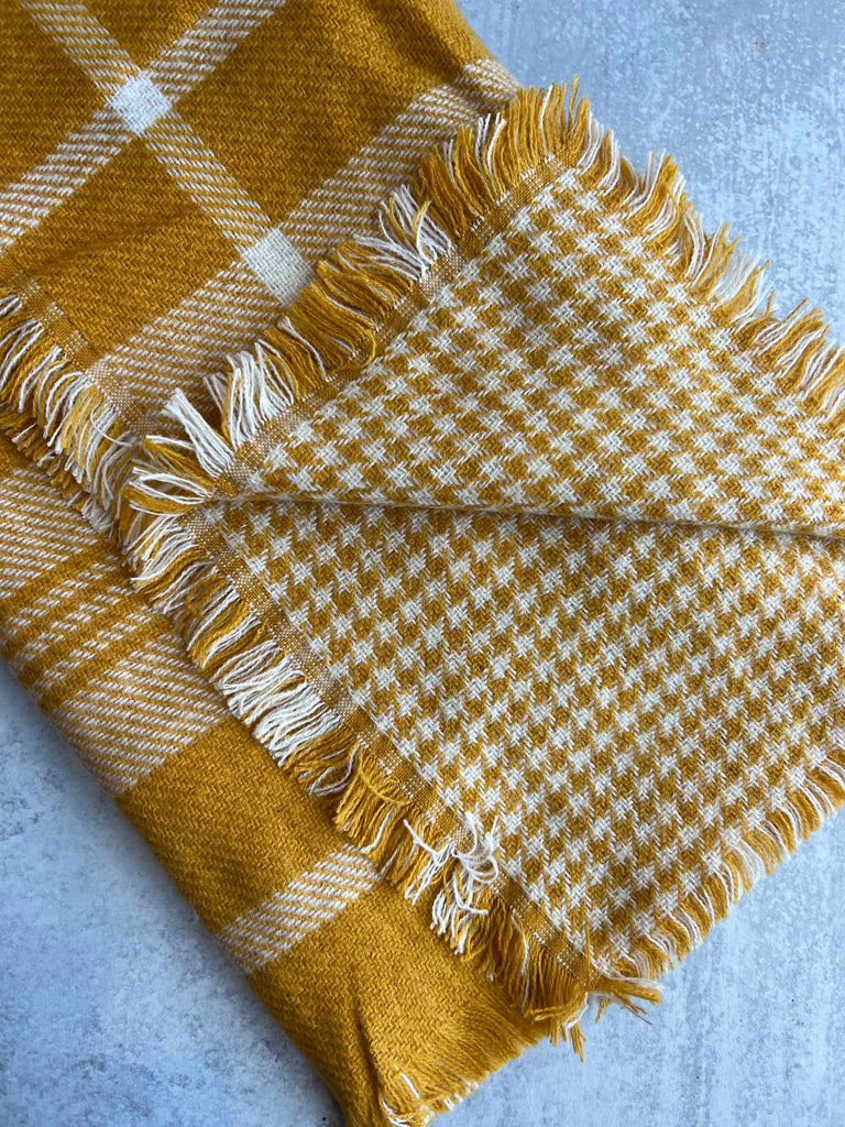 Folded Valeria Scarf in Gold Plaid and Houndstooth Pattern