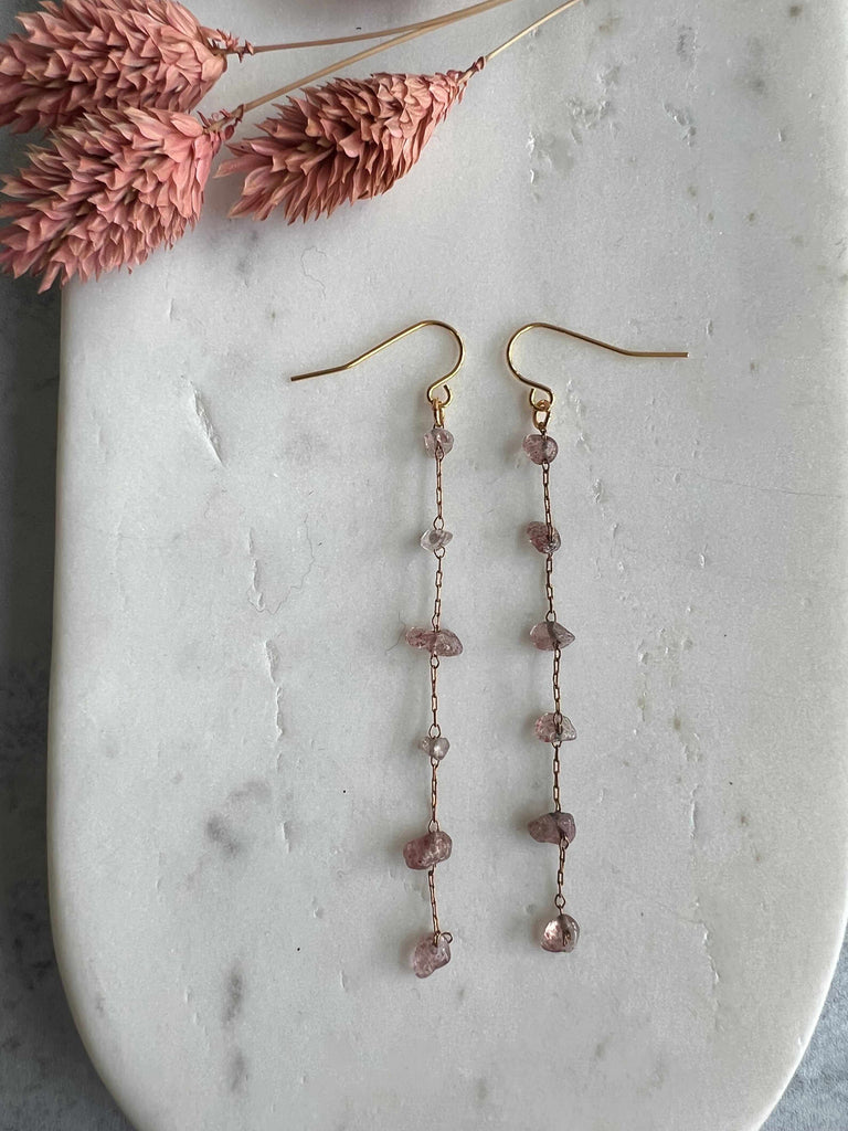 Rose quartz Gemstone Chip Dangle Earrings on brass chain