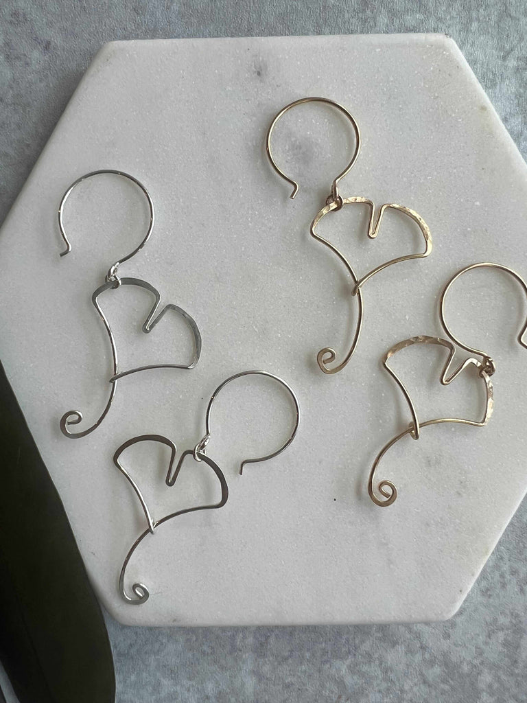 Ginkgo Leaf Dangle Earrings in Sterling Silver and Gold Fill