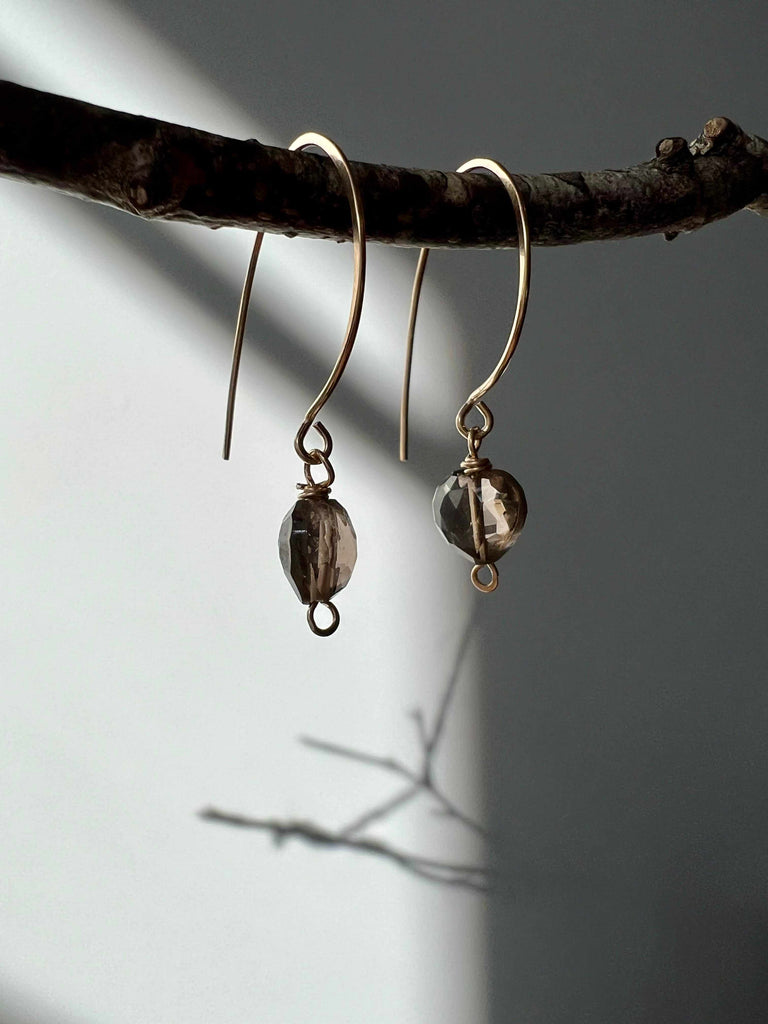 Faceted Smoky Quartz heart shaped briolette gemstone hoop earrings