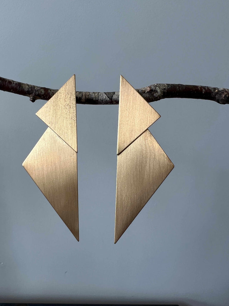 Geometric Double Triangle Brass Post Earrings
