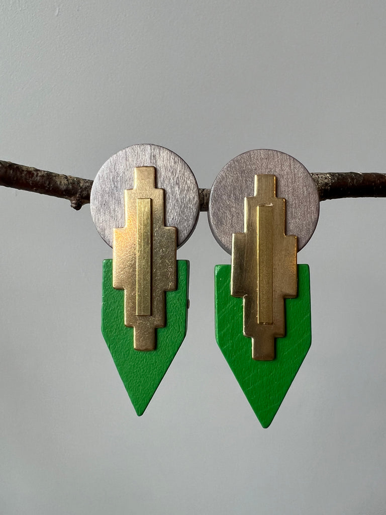 Gray and Green Wood Post  Earrings