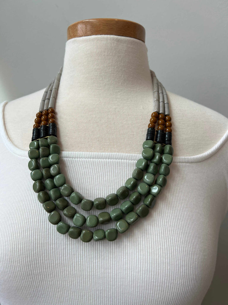 Three Strand Gray and Green Necklace