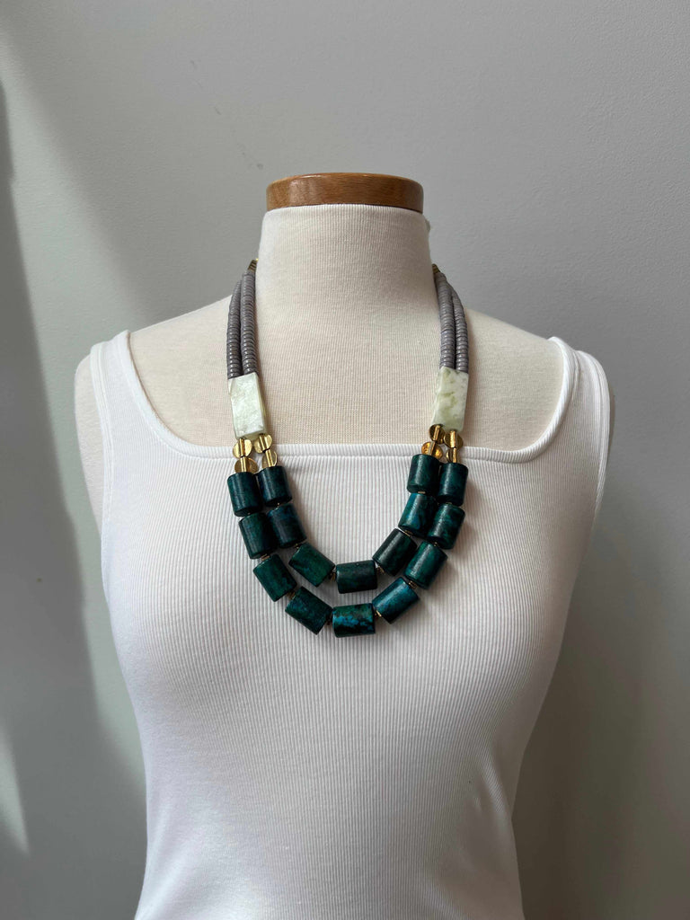 Double Strand Green and Gray Stone Necklace