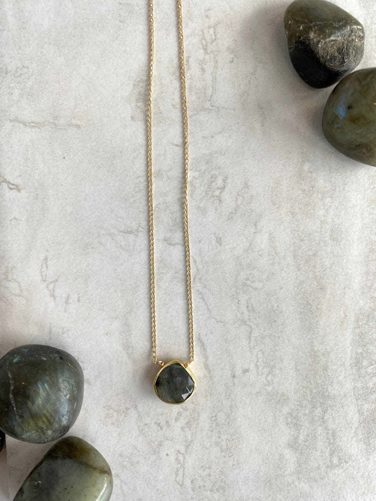 Teardrop shaped labradorite gemstone necklace on gold-fill chain
