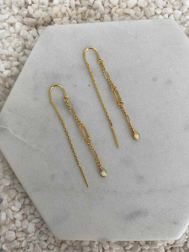 Opal Gold Plated Brass Chain Threader Dangle Earrings