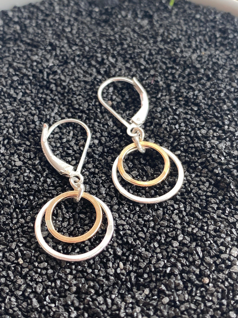 Gold Fill and Sterling Silver Hammered Circle Dangle Earrings
