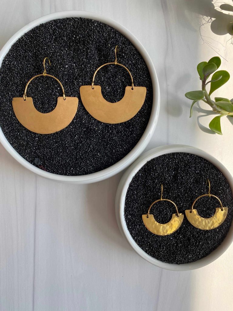 Two sizes of Mind's Eye hammered raw brass dangle earrings