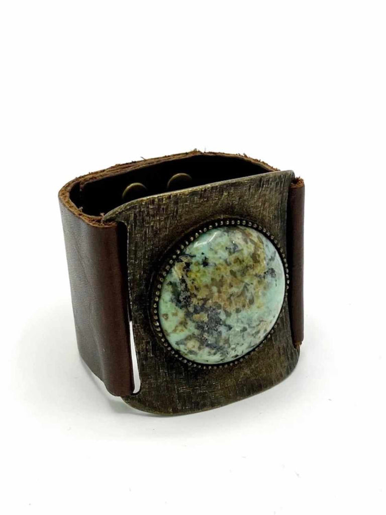 Gesa Leather Cuff Bracelet with African Turquoise bezel set in brass