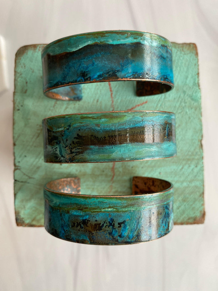 Three Verdigris Patina Copper Cuffs in Shades of Blue and Green