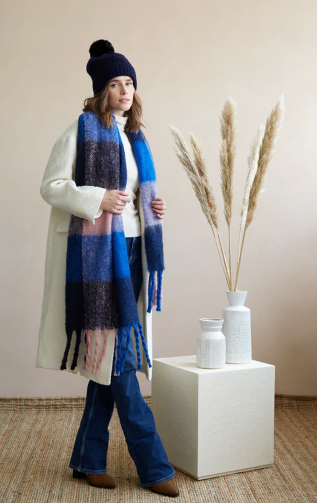 Blue and pink color block Luiza scarf on model