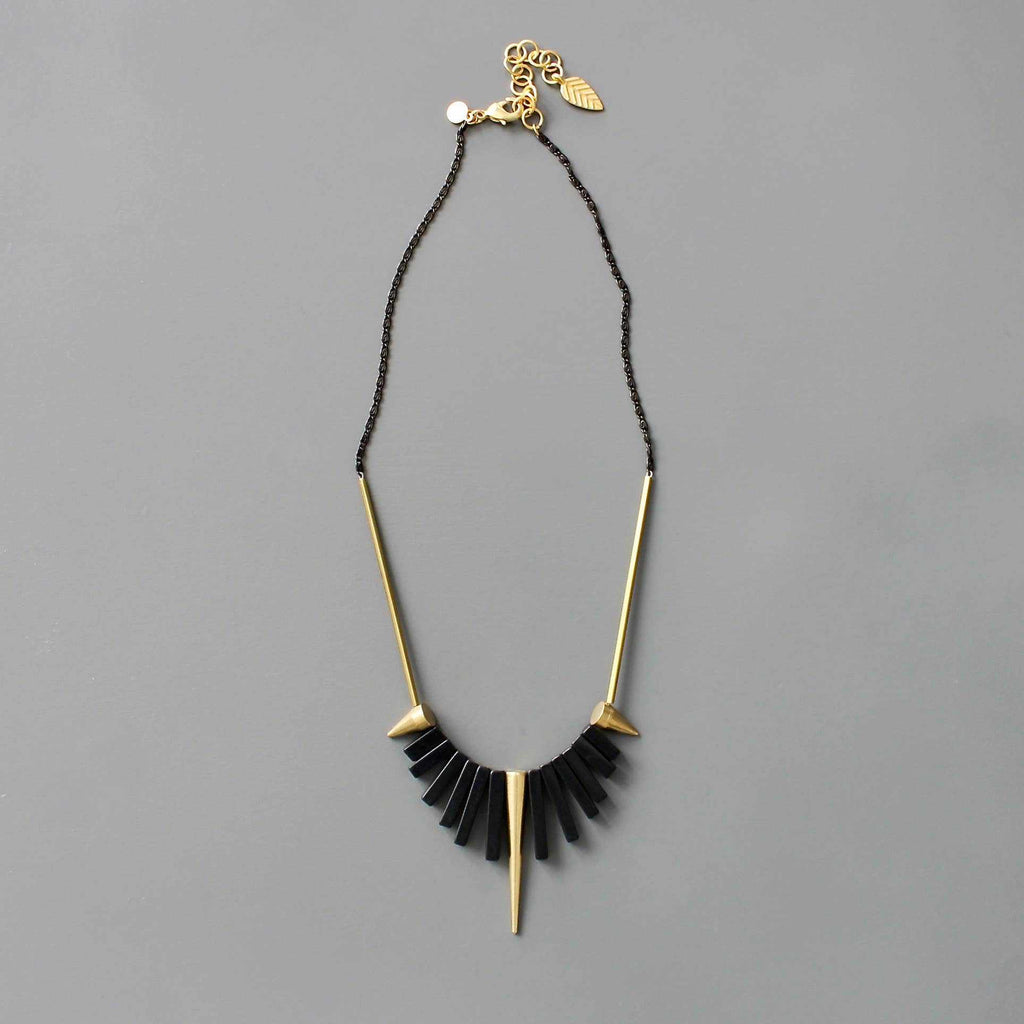 Geometric Black Agate and Brass Spike Necklace with Extender