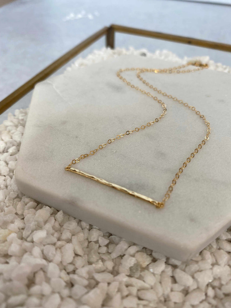 Delicate Hammered Bar Necklace in Gold Plated Brass