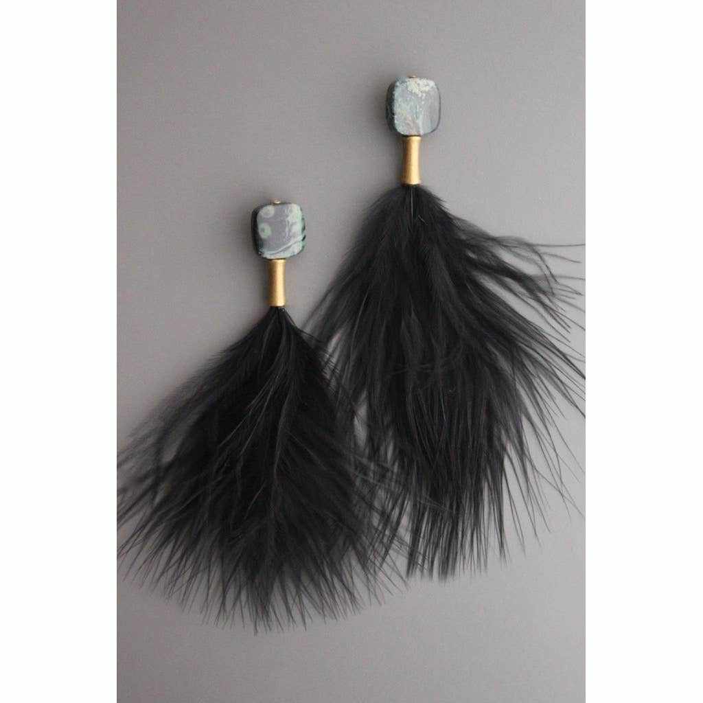 Jasper and Black Feather Dangle Post Earrings