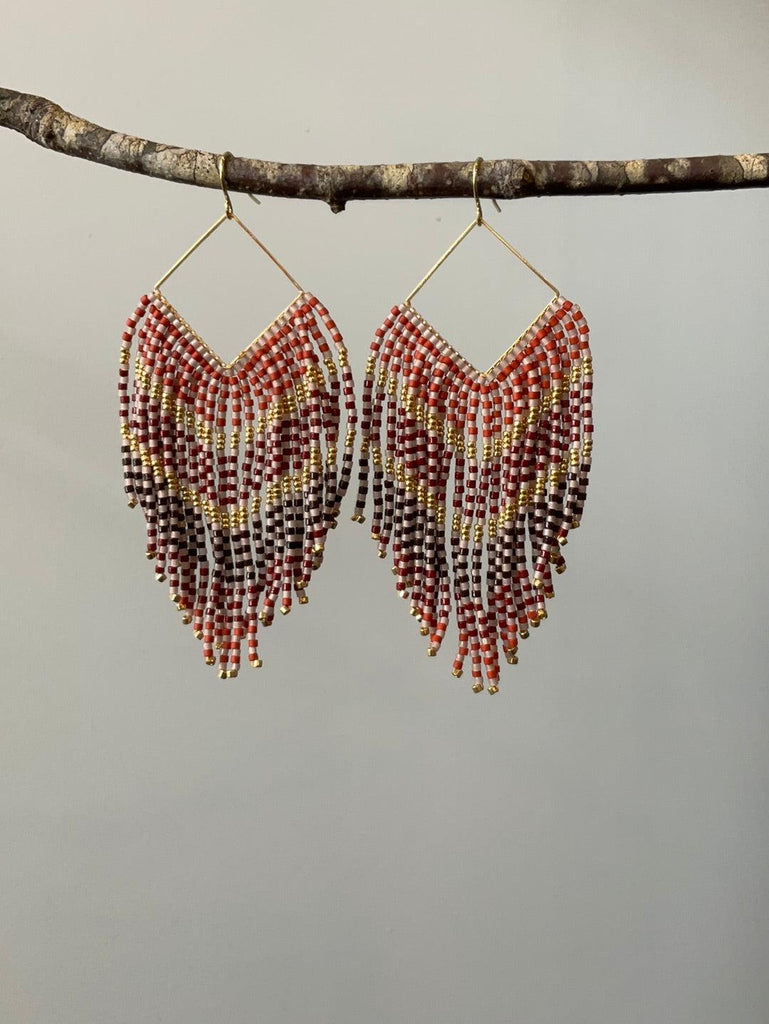 Handmade glass Miyuki bead dangle earrings in rosy gold
