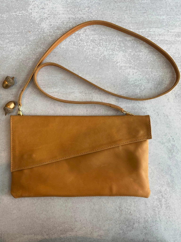 Camel brown convertible crossbody and clutch bag