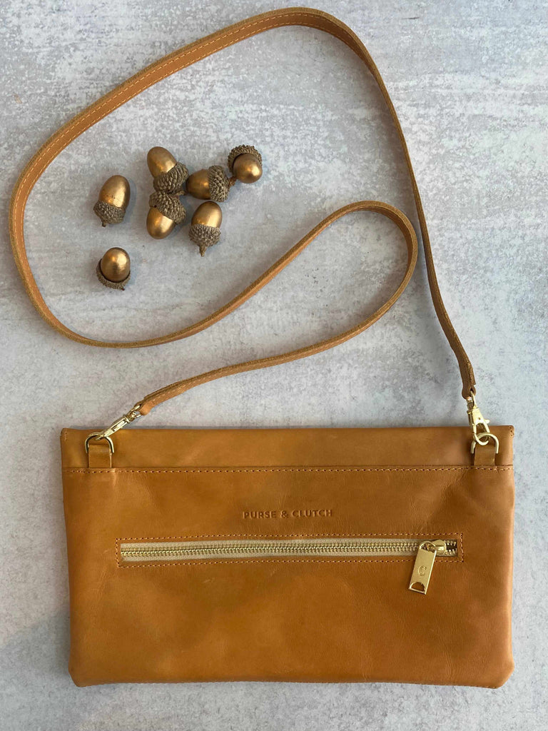 Back of camel convertible crossbody and clutch bag