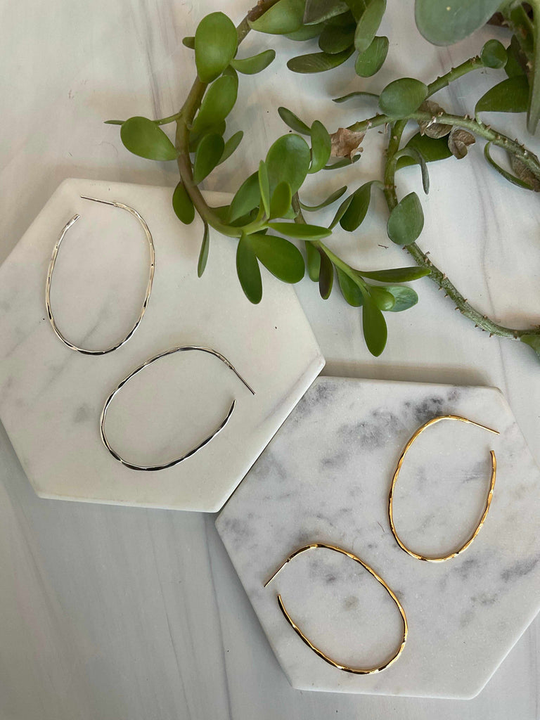 Large Oval Hammered Hoops in Sterling Silver or Gold Plated Sterling