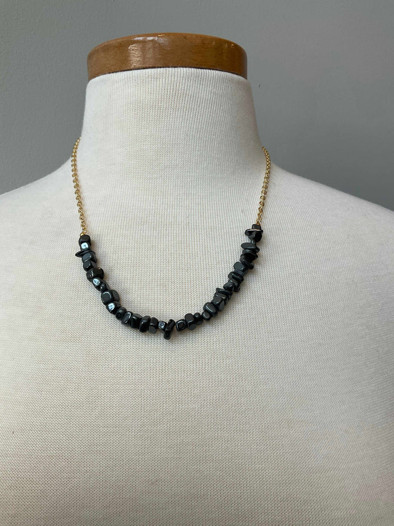 Shungite Gemstone Necklace on Gold Plated Chain on Mannequin