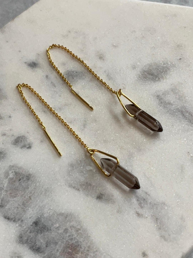 Jax Kelly gemstone threader earrings in smoky quartz with 18k gold vermeil threads