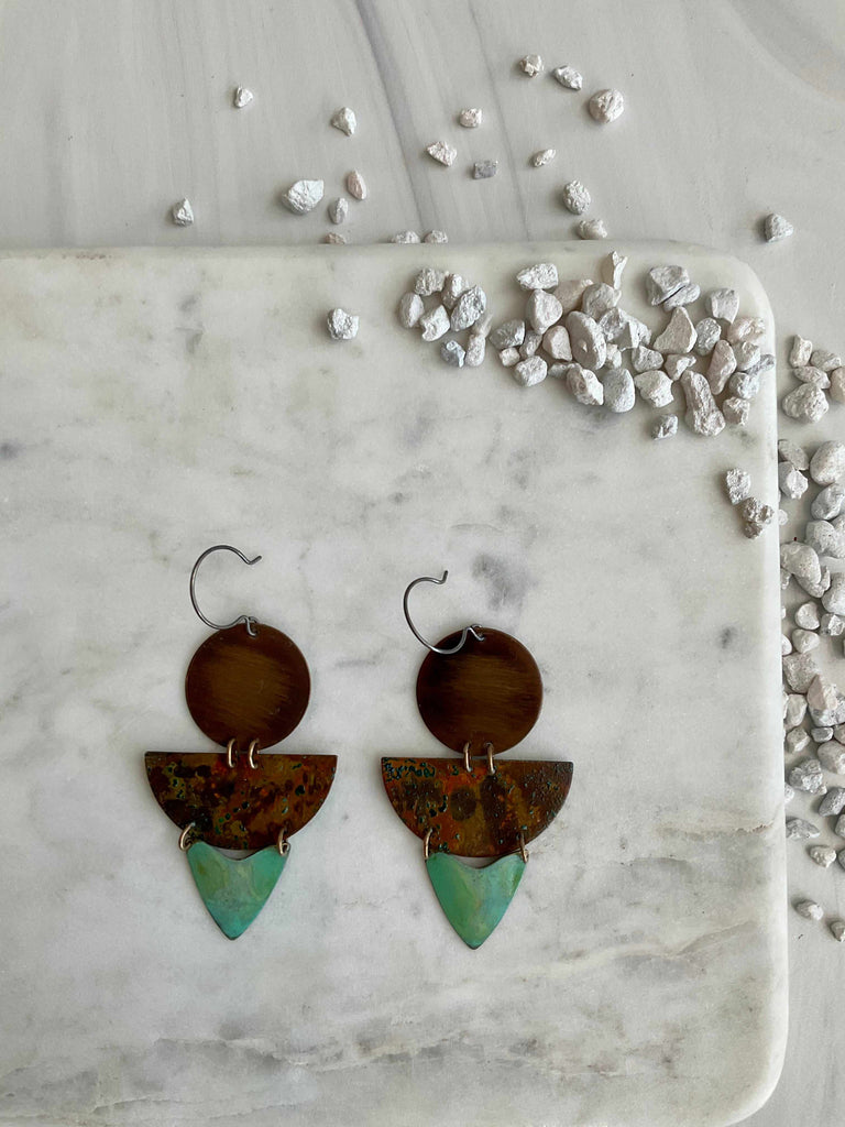 One-of-a-kind Copper, brass and verdigris patina Sedona Earrings